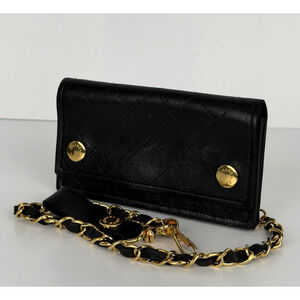 Chanel Vintage Matelasse Black Quilted Leather Pocket Chain Wallet S08